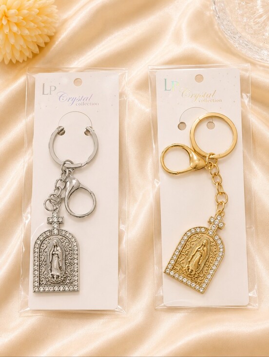 Accessories - Virgin Mary Rhinestone Keychain | Religious Cross Charm Key Ring | Gold or Silve